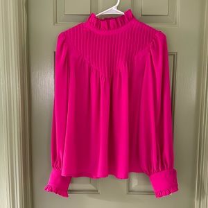 Crosby by Mollie Burch pink high neck blouse with ruffles, size M